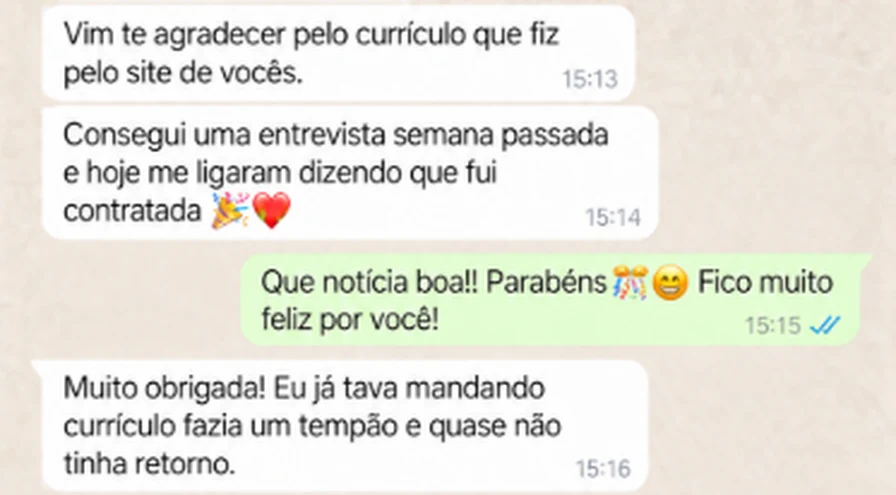 Print real de WhatsApp de cliente — consegui uma entrevista e hoje me ligaram dizendo que fui contratada